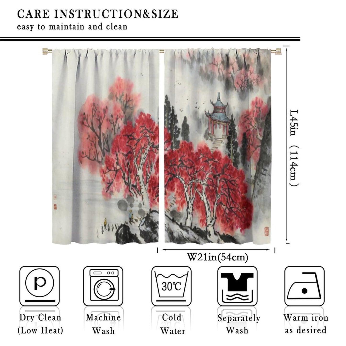 Asian Curtain Red Cherry Blossom Japanese Flower Branch Koi Oriental Chinese Ancient Ink Landscape Wind Printing Curtain for Kitchen Bedroom Living Room Blackout Curtain 42x45 Inch 2 Panels