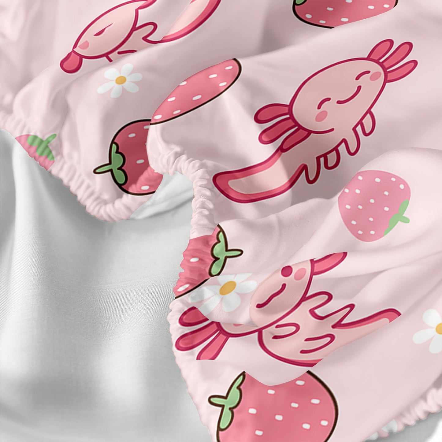 QOOMO Pink Axolotl Microfiber Flat Fitted Sheets Set for Children Kawaii Strawberry Kids Sheet Set Cute Sea Creature Super Soft Kids Bedding Set Queen Size 1 Fitted Sheet, 1 Flat Sheet, 2 Pillow Cases