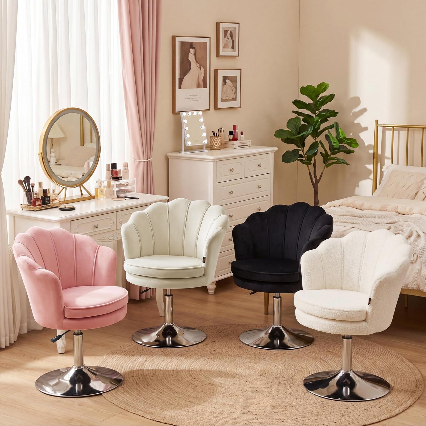 Furniliving Teddy Vanity Chair No Wheels, Modern Swivel Makeup Chair with Ergonomic Lotus-Shaped Backrest, Height Adjustable, Comfy Desk Chair for Dressing Room, Home Office, Bedroom, White