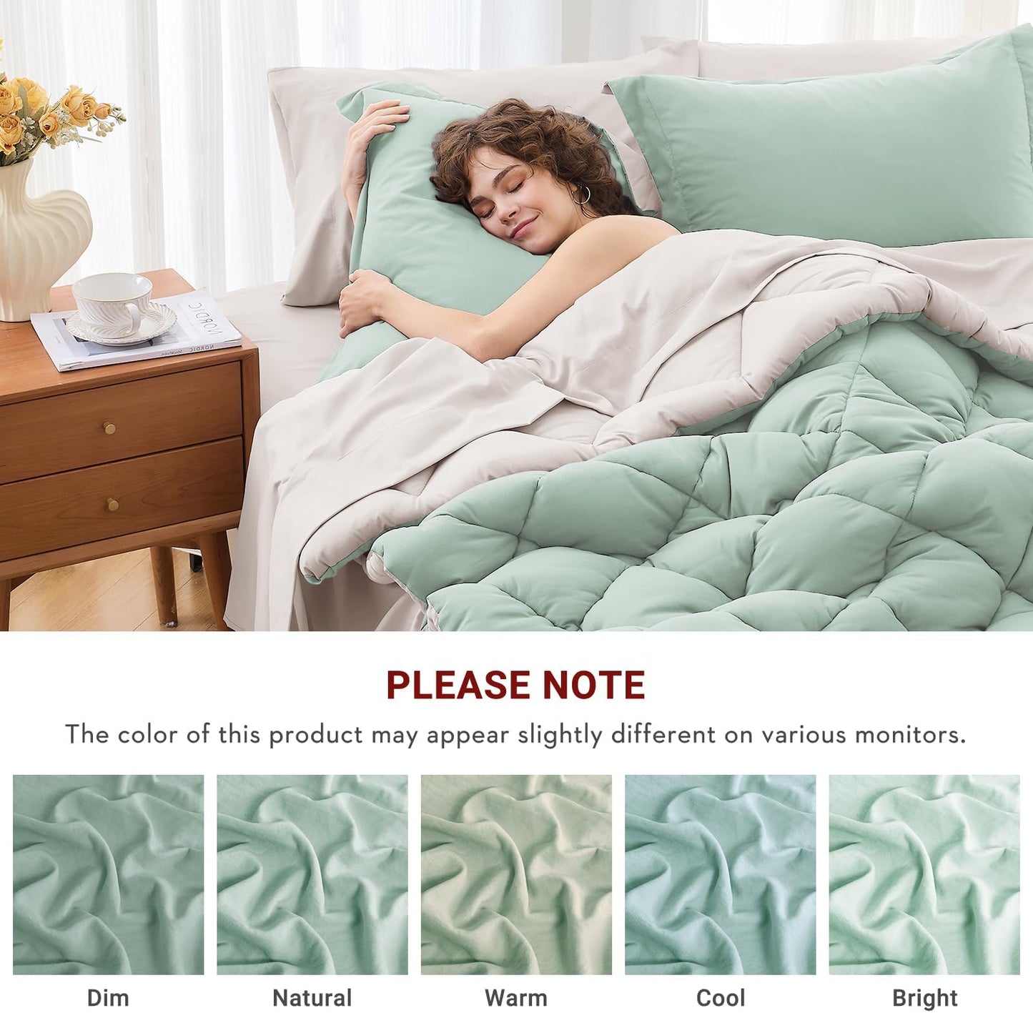 MUXHOMO 7 Pieces California King Comforter Set, Reversible Bed in a Bag Cal King Size, All Season Bedding Set with Comforter, Flat Sheet, Fitted Sheet, Pillowcases & Shams, Sage Green & Beige