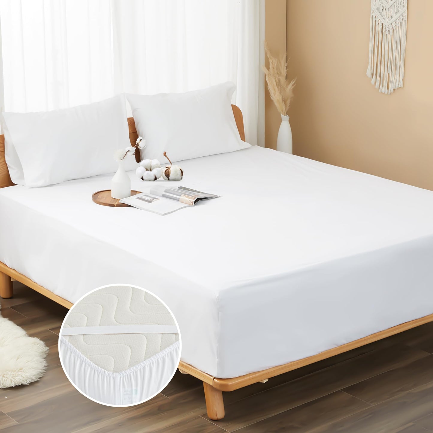 HOMTEC 100% Cotton Percale Fitted Sheet California King Size, 8-15" Deep Pocket Cooling Bottom Sheet, Breathable Soft & Crisp Fitted Sheet Only with 4 Corner Straps (Cal King, White)
