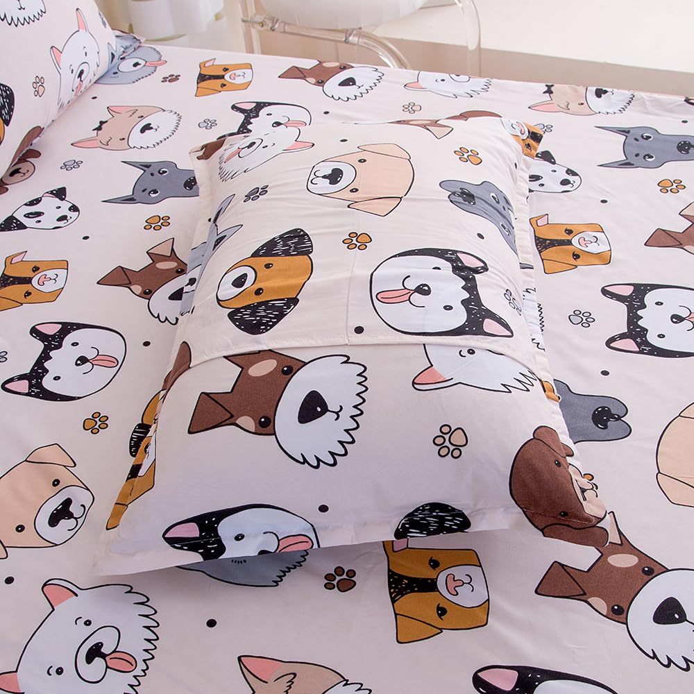 KWLOVER 3PC Soft Doggy Printed Bed Fitted Sheet Flat Sheet and Pillowcase Set,Dog Design Cute Puppy Pattern Printed Bed Sheets Set for Teens Boys Girls Twin Size Bed
