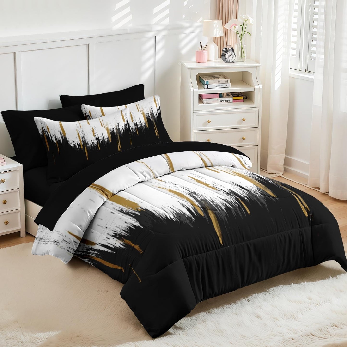 Nesker Comforter Set King Size, Black Gold White 7 Pcs Bedding for Kids and Adults, Abstract Oil Painting Bed Sheet Sets with Fitted Sheet 2 Pillowcases & 2 Shams