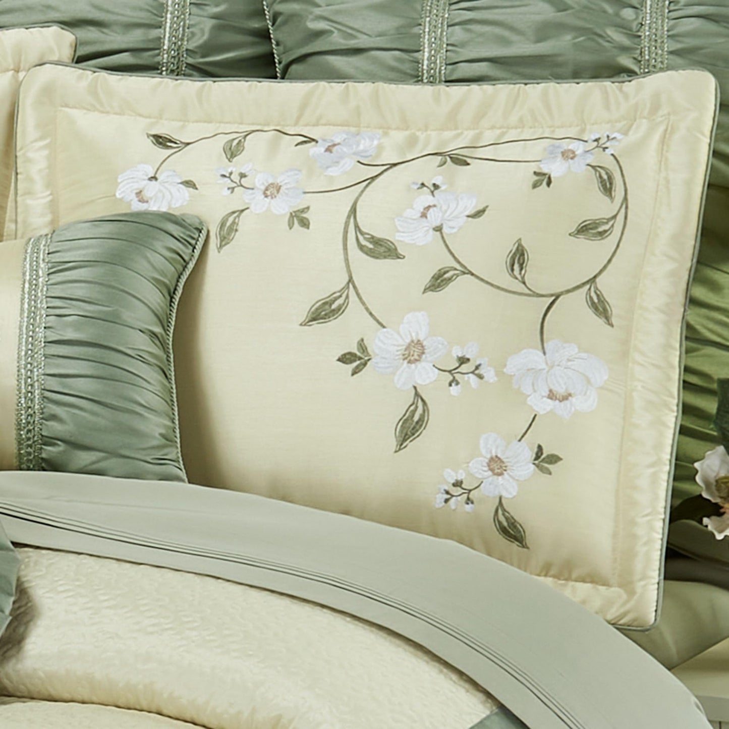 J. Queen New York Luxurious Garden Walk Bedding | Sophisticated Polyester Faux Silk Quilted Magnolia Flower Embroidery | Vanilla Cream Sage | 3 Piece Set: King Oversized Bedspread and 2 King Shams
