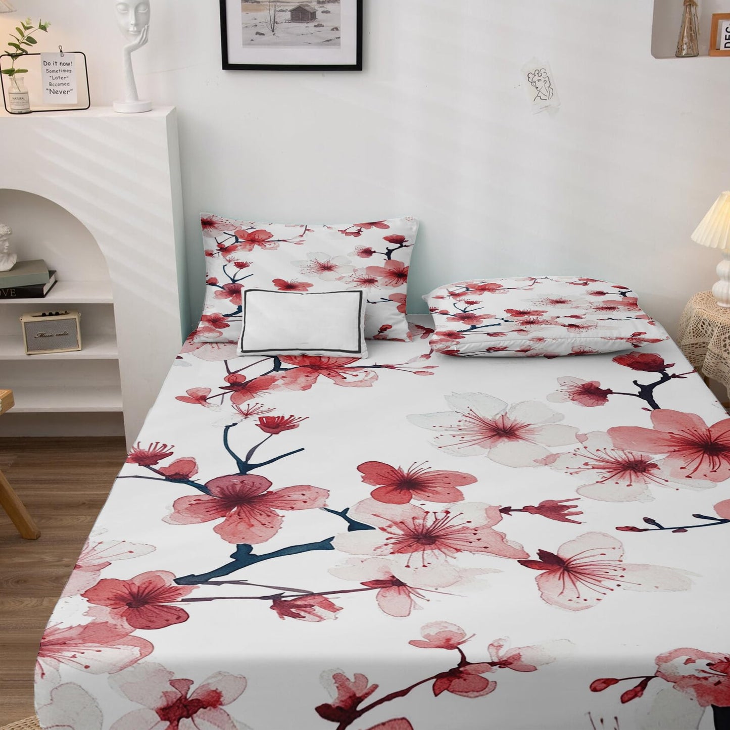 zcsm Queen Sheet Set - Cherry Blossom Bed Sheets, Japanese Bedding Sheets & Pillowcases, Soft Microfiber & Deep Pocket & Wrinkle Free Sheet Set, 1 Fitted Sheet, 1 Flat Sheet, 2 Pillow Cases