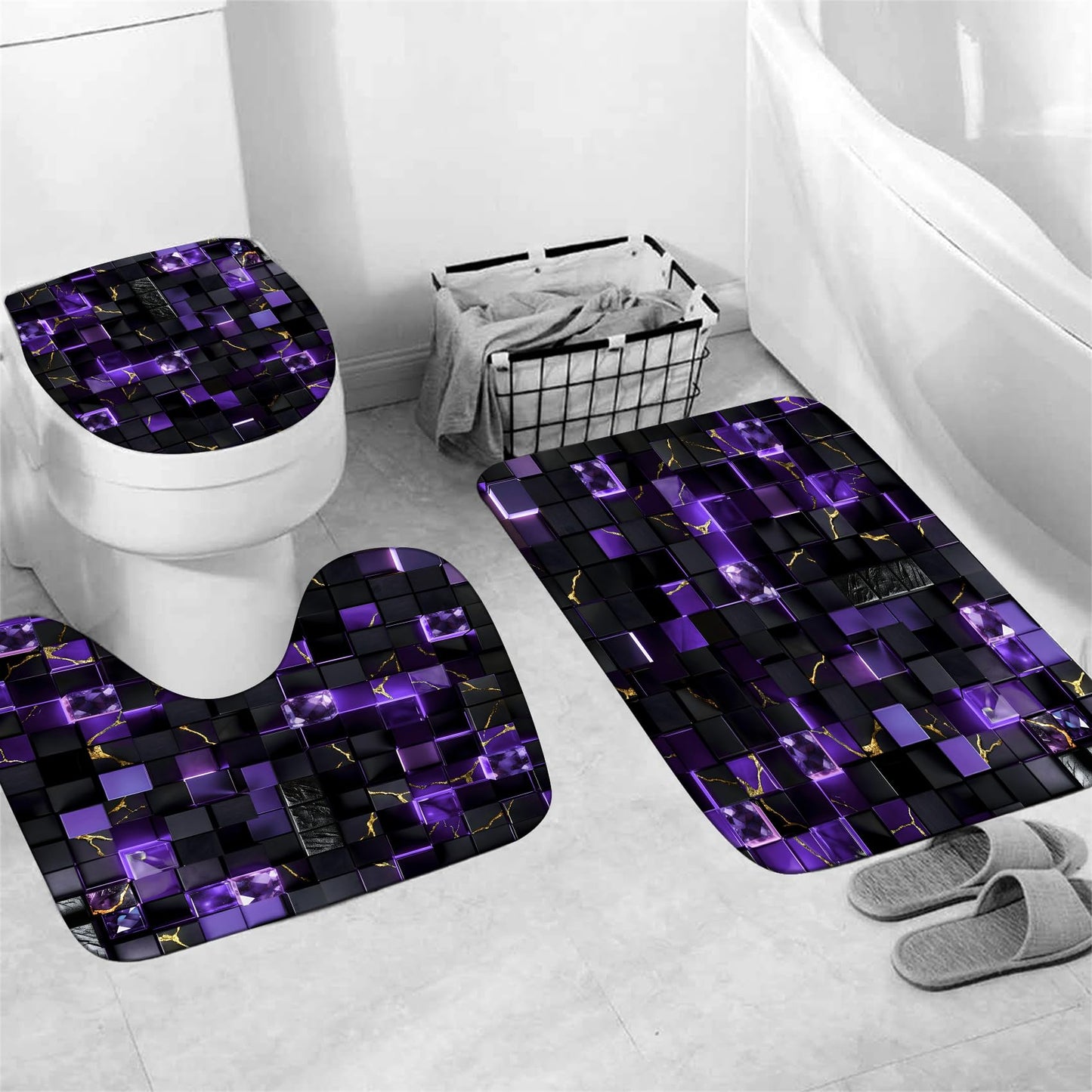 LQCOOL 4Pcs Black and Purple Shower Curtain Set 3D Cubes Bathroom Sets Modern Shower Curtain Set for Bathroom Sets with Rugs and 12 Hooks