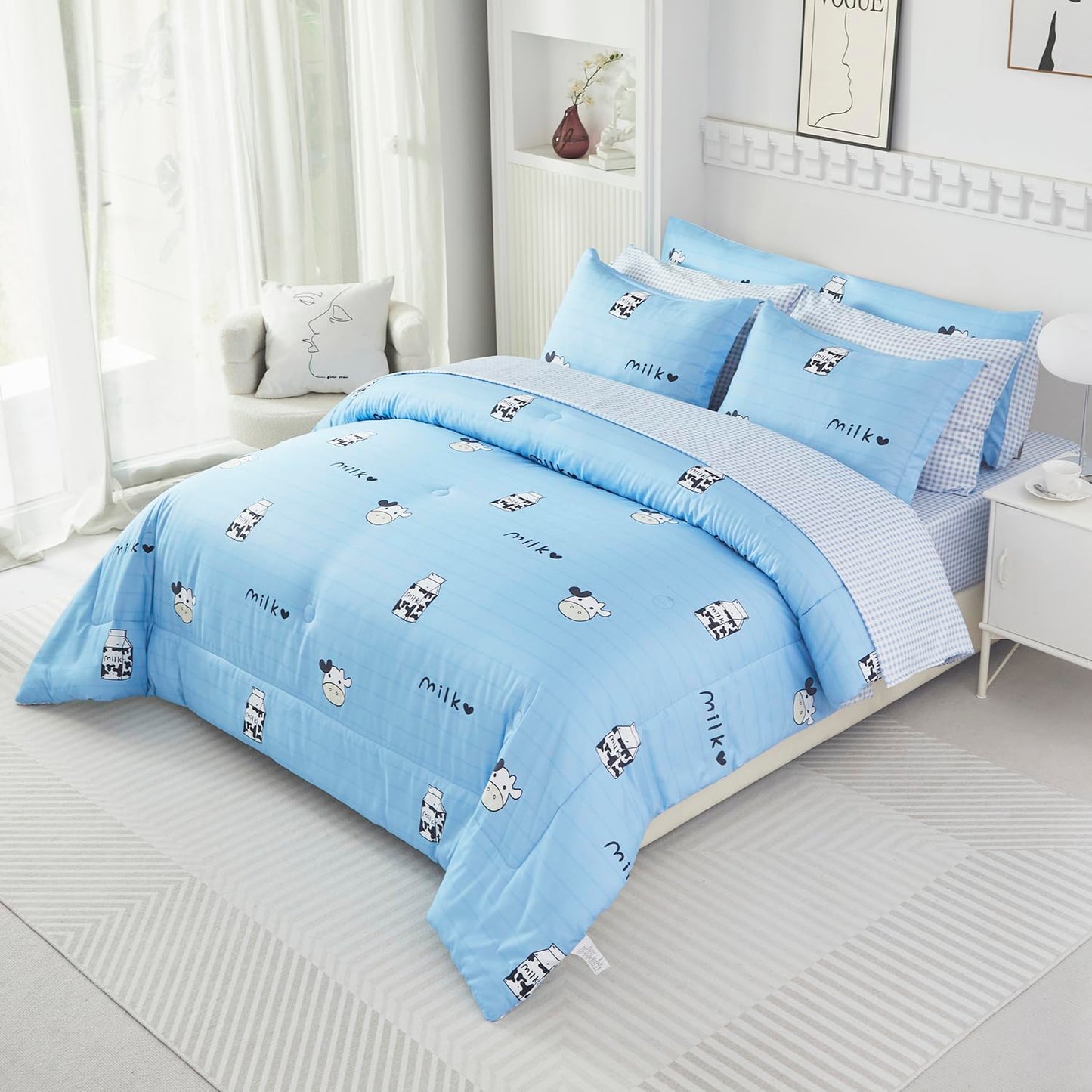 SUCSES 8 Pieces Blue Full Size Comforter Set Striped Western Kids Bedding Sets for Boys Girls Milk Cow Print Bed in A Bag with Comforter and Sheets (Blue, Full)