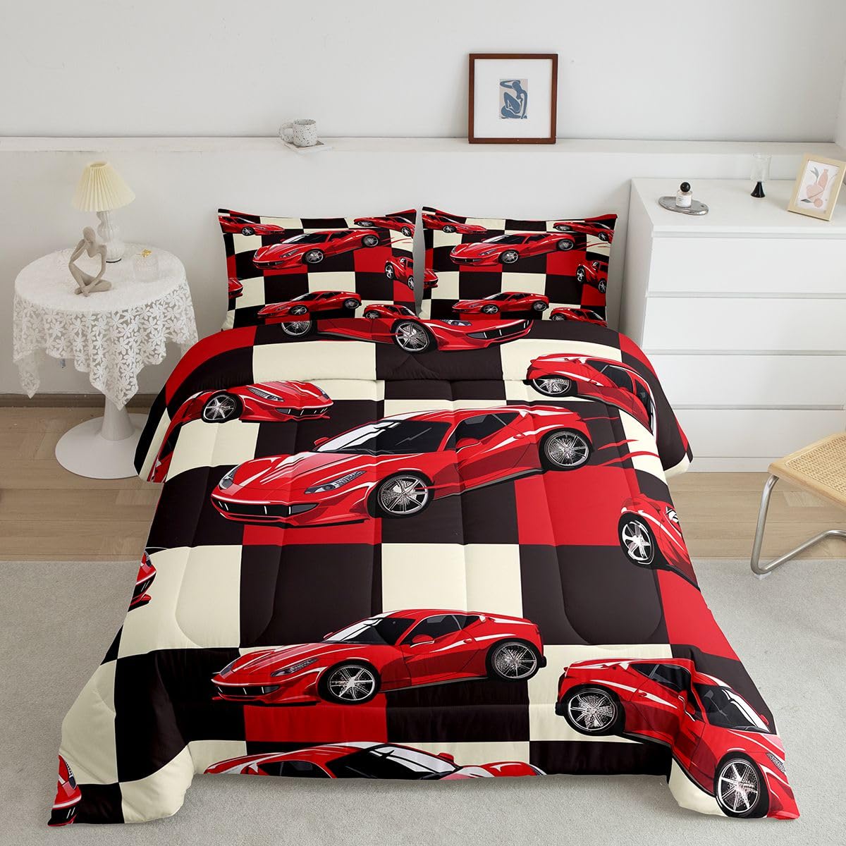 Erosebridal Red Racing Car Full Comforter Set for Boys, Cool Speed Race Car Bedding Set for Kids Youth Men Teens Room Decor, Extreme Sport Comforter, Grid Buffalo Quilt, 3 Piece