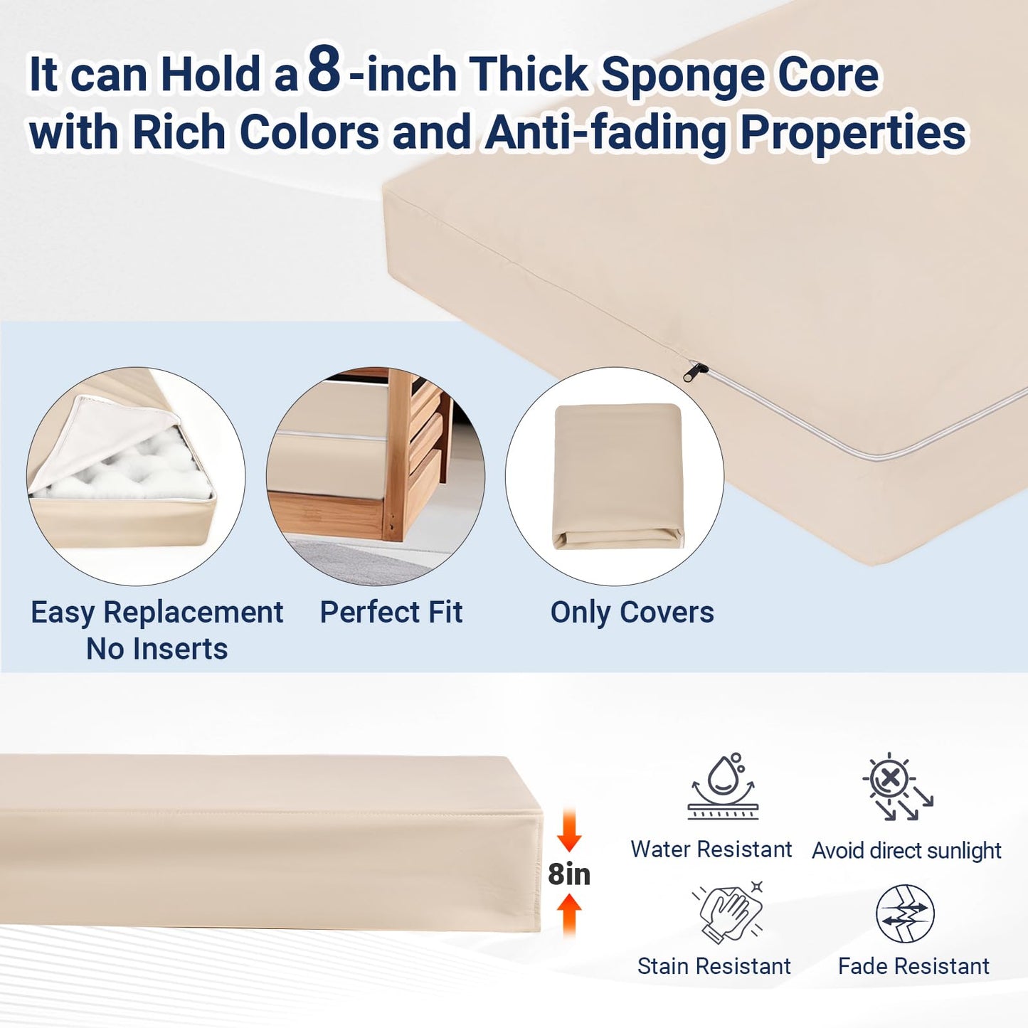 BIBILAB 8-Inch Outdoor Swing Seat Cushion Cover, Waterproof, Double Patio Seat Cushion Cover with Anti-Cat Scratch Cloth, Only Cover (Cushion not Included) (Beige)