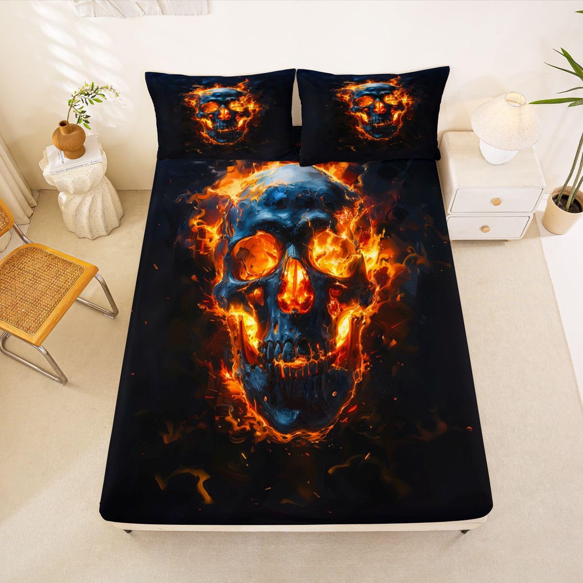 Feelyou Sugar Skull Bed Sheets Set Full Size Halloween Themed Deep Pocket Fitted Sheet Flame Bedding Sets Goth Soft Bed Set 4Pcs with 2 Pillow Cases Cemetery