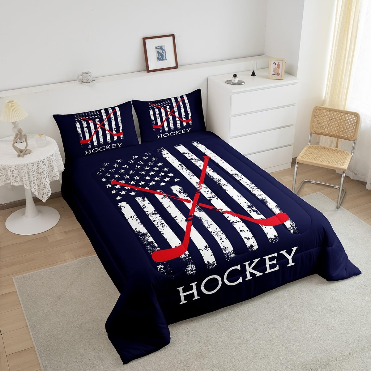 Homewish Hockey Comforter Set,American Flag Bedding Set for Kids Girls Women,Adults Ice Hockey Comforter,Red Blue White Quilted Duvet Set Bedroom Collection Twin Size 2Pcs
