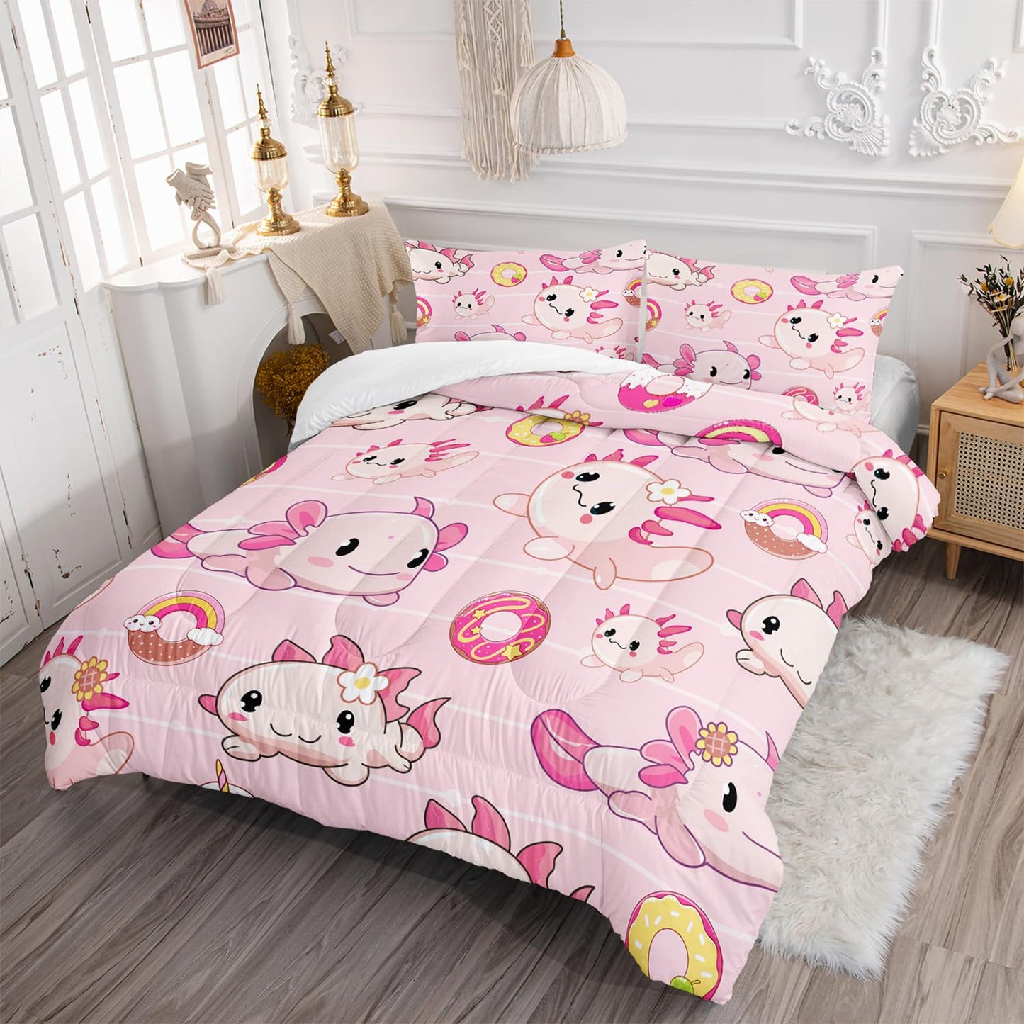 AILONEN Kawaii Axolotl Comforter Set Queen Size, Pink Axolotl with Doughnut Theme Bed in a Bag, 1 Quilt 2 Pillowcases, 3 PCS