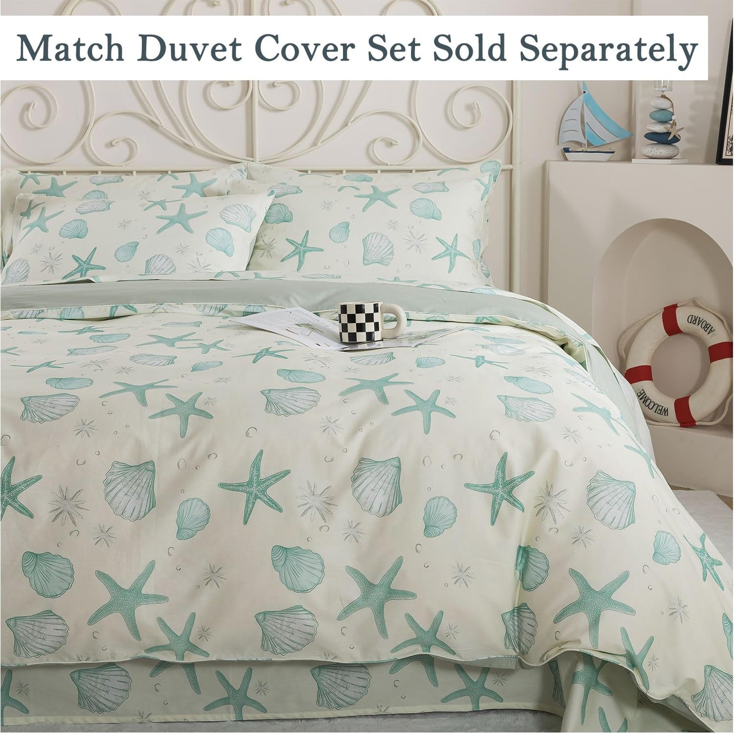 FADFAY 100% Cotton Coastal Sheet Set Queen – Ultra Soft Breathable Beach Bedding, Seafoam Green Starfish & Seashell Print, Ocean Themed Bed Sheets for Coastal Bedroom Decor, Deep Pocket, 4 Piece Set