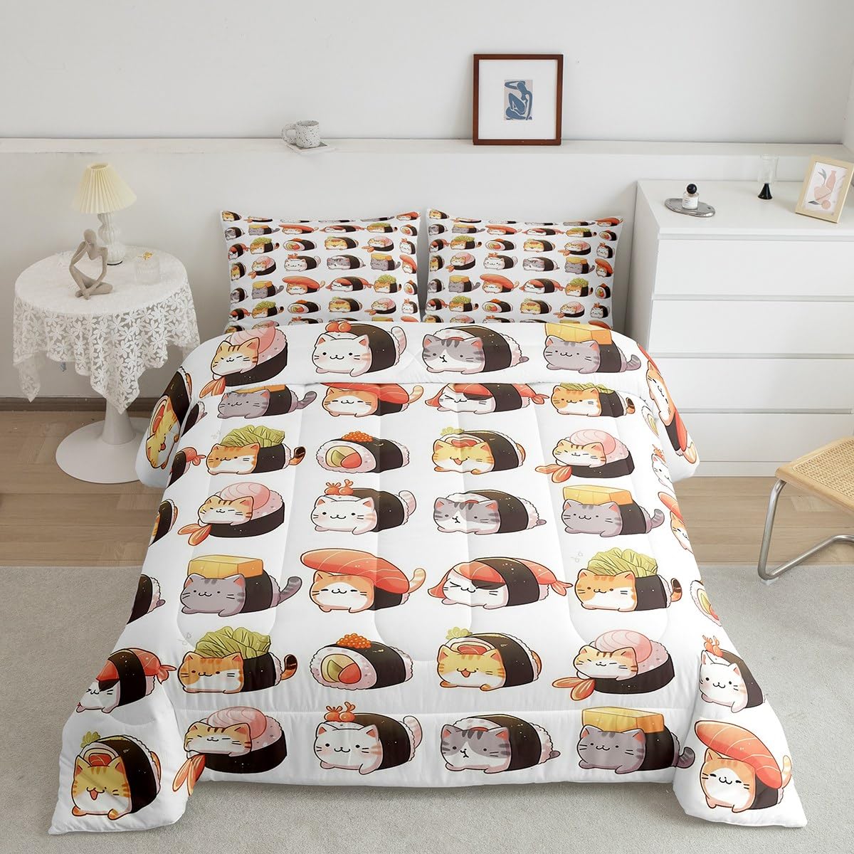 Erosebridal Kids Sushi Comforter Set Queen,Cute Sushi Cat Bedding Set Kawaii Gifts for Girls Teens Women,Japanese Food Quilt Bed Set Anime Style Bedding Comforter Sets with 2 Pillowcases Room Decor