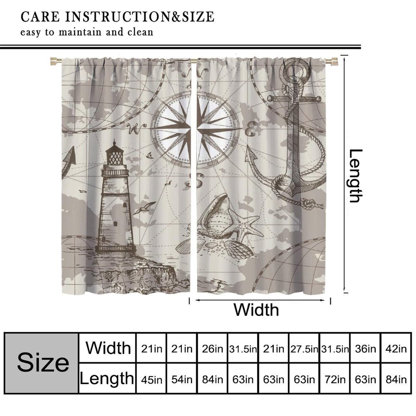 XBDDZSW Nautical Sailboat Map Curtains Sketch Pirate Ship Wheel Compass Starfish Coral Reef Nautical Map Pattern Print Window Drapes for Bedroom Living Room Kitchen Decor,2 Panel Set,42x45 Inch Decor