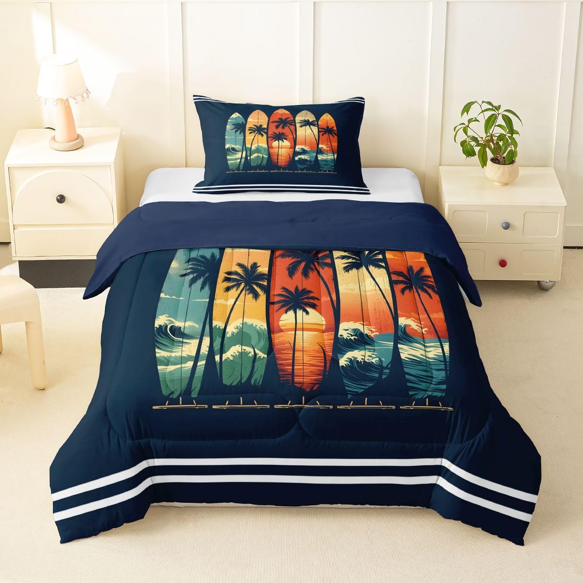 Erosebridal Surfboard Toddler Size Comforter Set Hawaiian Summer Surfing Room Decor Bedding Set Beach Sunset Palm Tree Bedding Comforter Sets,Retro Tropical Beachy Quilt 2 Pcs