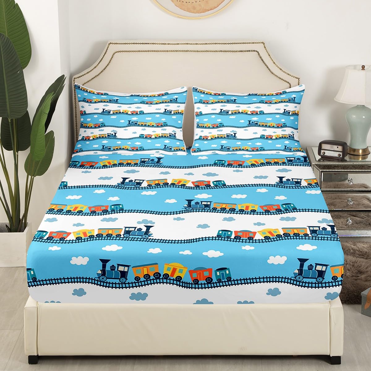 Erosebridal Kids Locomotive Train Sheet Set Queen,Cute Steam Engine Truck Sheets for Boys Girls Blue White Clouds Top Fitted Sheet Railway Car Vehicles Bed Sheets Set with 2 Pillowcases