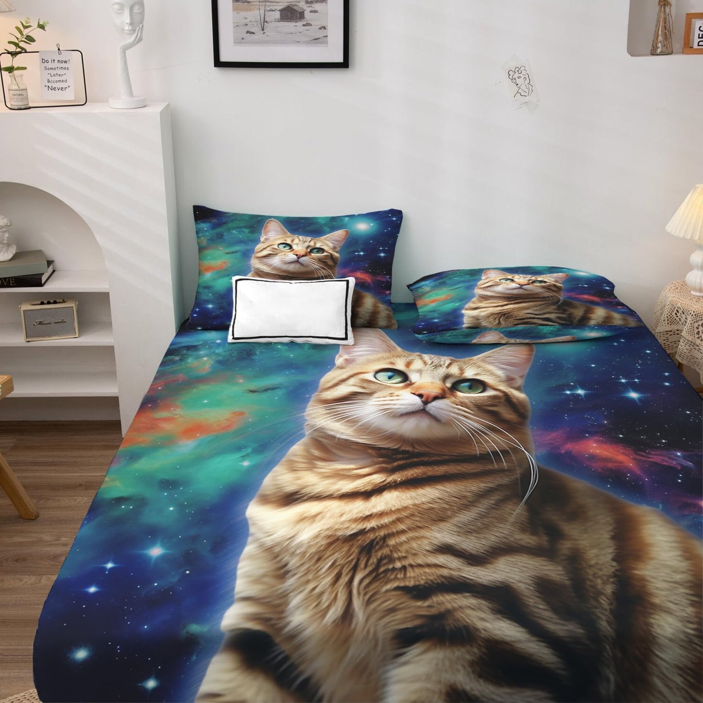 THYUNQ Galaxy Cat Sheets Queen Size Bed, Space Kitten Pattern Sheet Set & Bedroom Decor - 16 Inch Deep Pocket, Super Soft Microfiber Bedding Sheets & Pillowcases 4 Piece