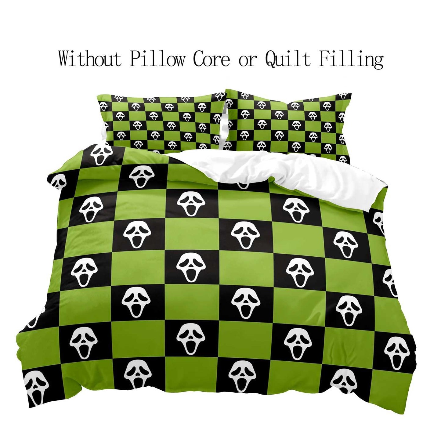 LUVIVIHOME 3PCS Spooky Face Duvet Cover Queen Bedding Sets, Green and Black Checkered Duvet Cover, Halloween Horror Scary Scream Ghost Grid Buffalo Plaid Comforter Cover, Bed in a Bag, 2 Pillow Cases