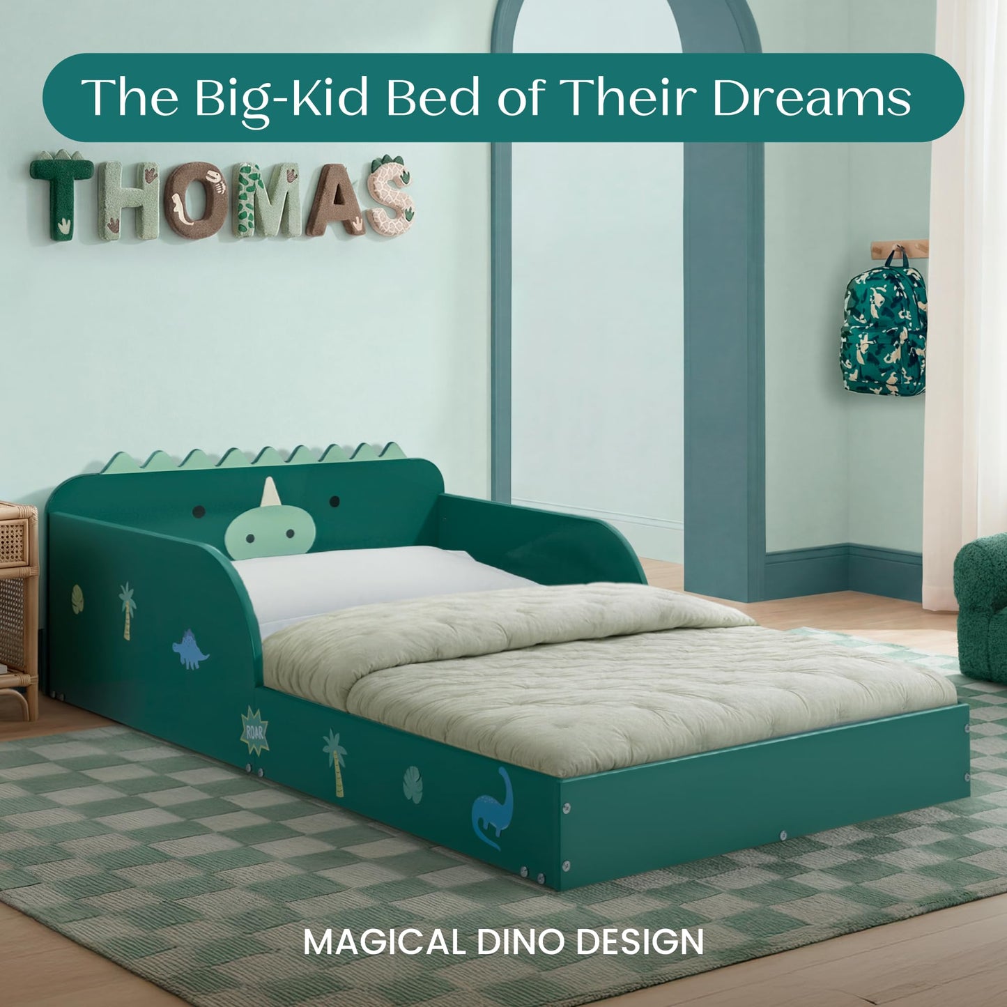 Delta Children Dino Wood Floor Toddler Bed with Reusable Stickers, Green