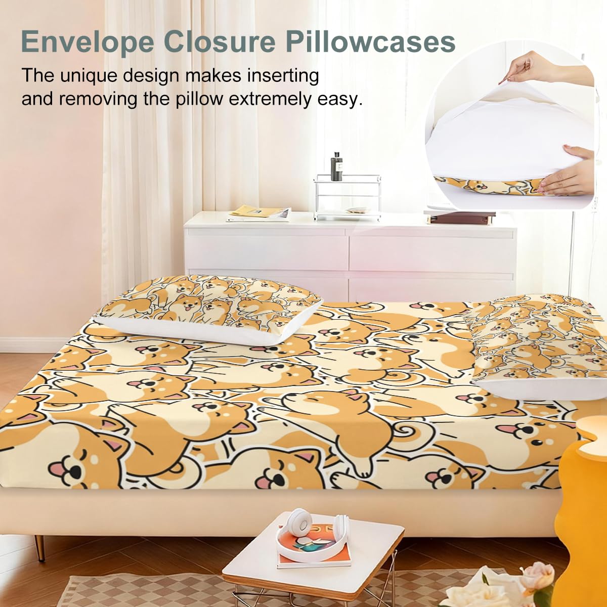 ARIGHTEX Shiba Inu Fitted Sheet Set Twin Size, 3 Pieces Cute Dog Pattern Microfiber Bedding for Pet Lovers Bedroom Decor, Soft Breathable Deep Pocket Bed Sheet Set
