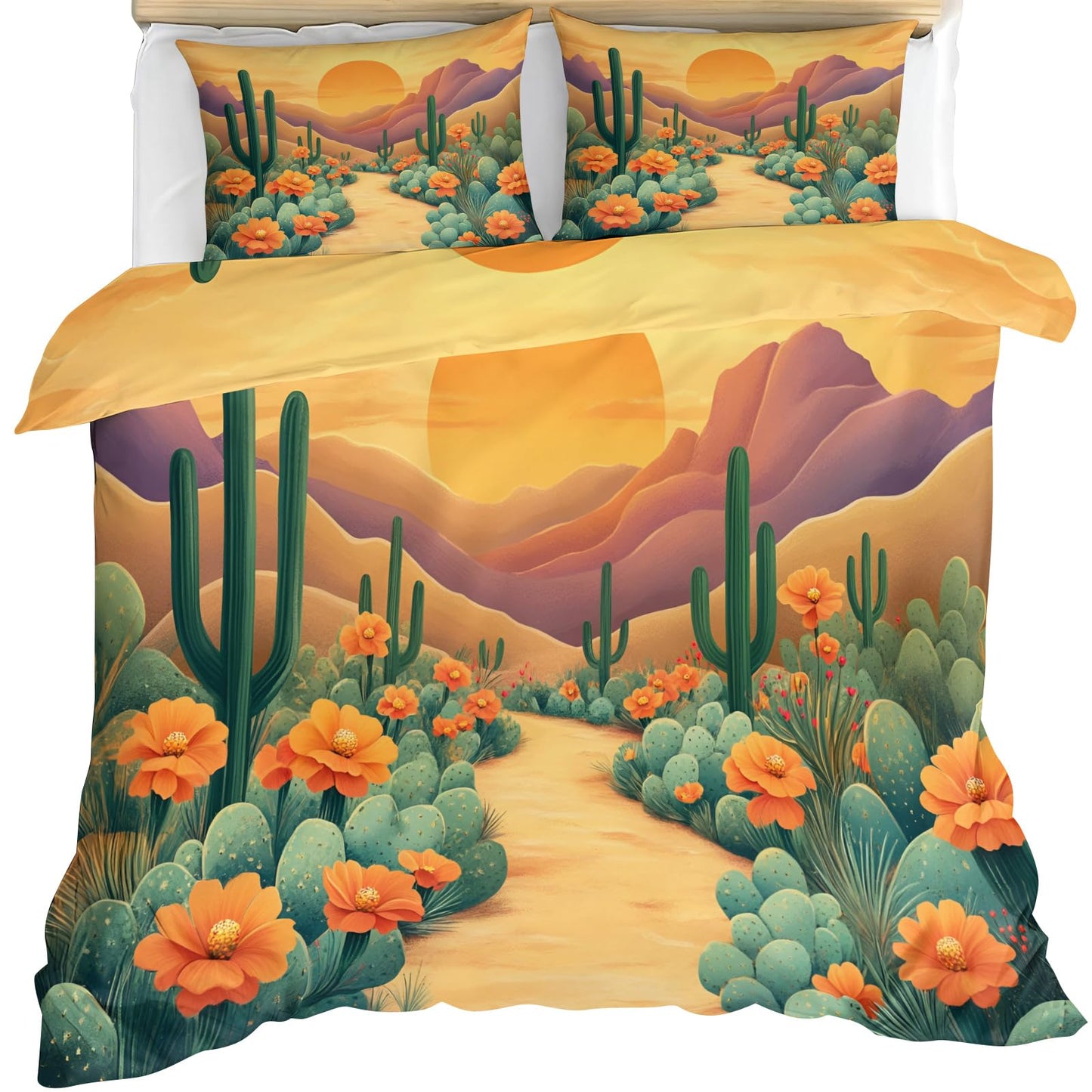 GKPLY Desert Cactus Bedding Sets Queen, Southwest Floral Duvet Cover, Boho Landscape Comforter Set, Zipper & Ties, 2 Pillowcases, Reversible Print, Western Sun Quilts & Home Decor, Easy Care