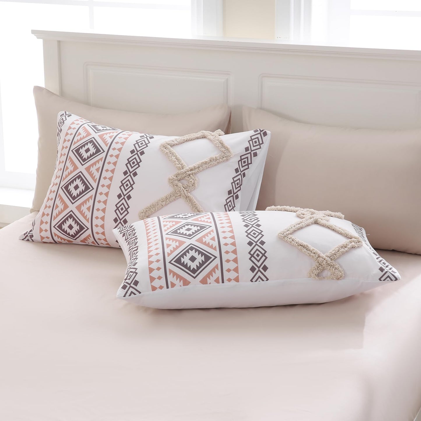 MOVE OVER Beige Tufted Comforter Set Queen Size 7 Pieces Farmhouse Bedding Set Boho Aztec Comforter Set and Sheet Set Mid Century Boho Tufted Comforter Set for All Seasons