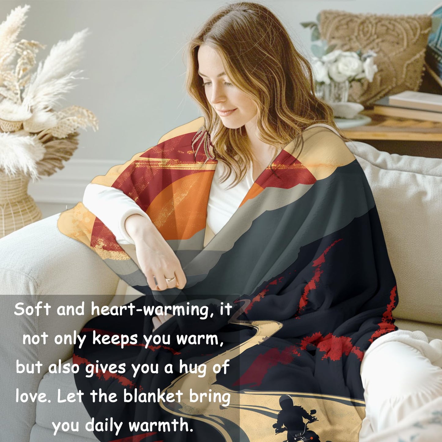VANZEV Sunset Motorcycle Journey Blanket Gifts for Women, Adventure Road Trip Theme Flannel Blanket, Soft Warm Lightweight Throw Blankets for Bedding Sofa Couch Home Travel Decor 50" x 60"