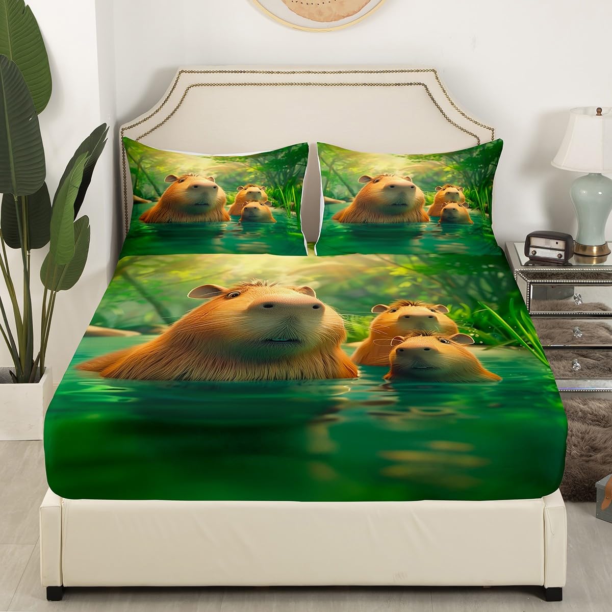 3D Capybara Kids Fitted Sheet Full Size,Lake House Fishing Bedding Set,Boys Girls Room Decor,Kawaii Animal Cartoon Wildlife Rustic Bed Cover,Green Brown Bed Sheet,2 Pillowcases