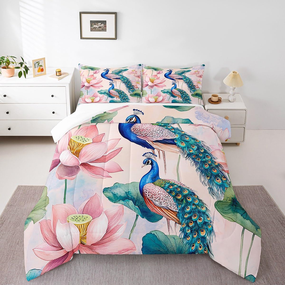 jejeloiu Peacock Bedding Set Full Size Kids Lotus Flower Comforter for Boys Girls Royal Peacock Bird Comforter Set Green Duvet Set Room Decorations Quilt Set