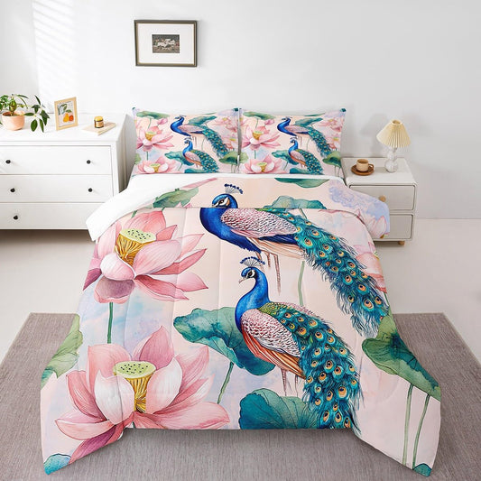 jejeloiu Peacock Bedding Set Full Size Kids Lotus Flower Comforter for Boys Girls Royal Peacock Bird Comforter Set Green Duvet Set Room Decorations Quilt Set