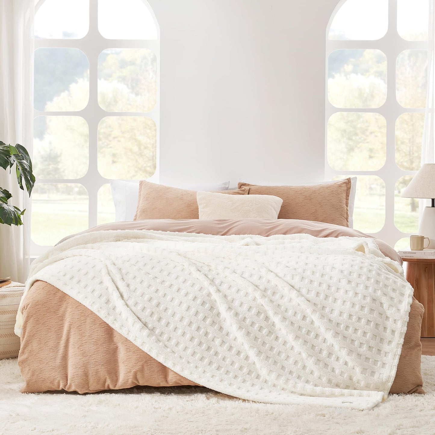 Cozy Bliss Ultrasoft Waffle Throw Blanket, Fluffy Cute Plush Blanket for Couch, Bed, Modern Home Accent, Portable for Picnic or Outdoor, Ivory, 66"x90"