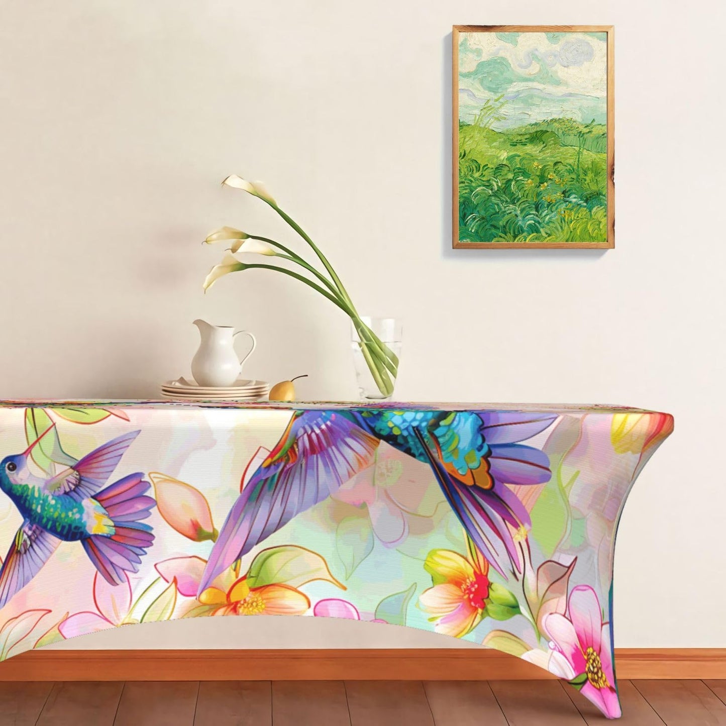 Ginfult Table Cloth Colorful Hummingbird Cherry Blossom Fitted Tablecloth for 6 Foot Rectangle Tables Stretch Table Cover for Party Picnic Wedding