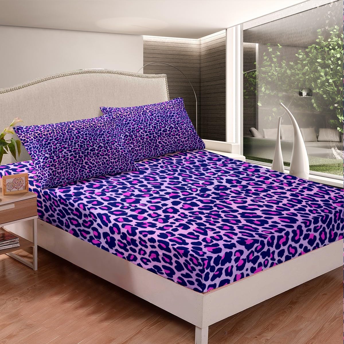 Feelyou Leopard Print Fitted Sheet Purple Cheetah Print Bedding Set Wild Animal Theme Bed Sheet Set for Girls Children Teens Bedroom Decor Stripe Bed Cover Twin Size with 1 Pillow Case