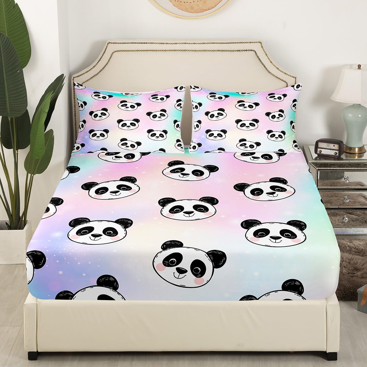 Cute Panda Sheet Set for Princess,Gold Stars Rainbow Bed Sheets Full,Tie Dye Pastel Bedding Set Home Room Decor,Girly Glitter Starry Sky Panda Animal Fitted Sheet + Top Sheet + 2 Pillowcases