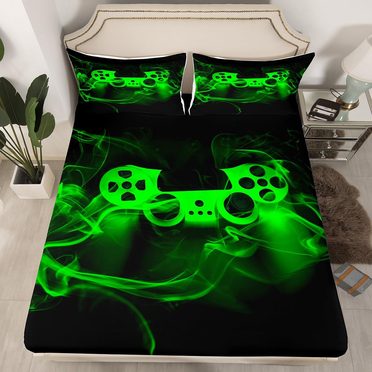 Gamer Fitted Sheet Set Twin Size for Boys Gaming Fitted Bed Sheets for Kids Boys Gamer Room Decor Black Green Smoky Gamepad Games Deep Pocket Trippy Geometric No Top Flat Sheet with 1 Pillow Case