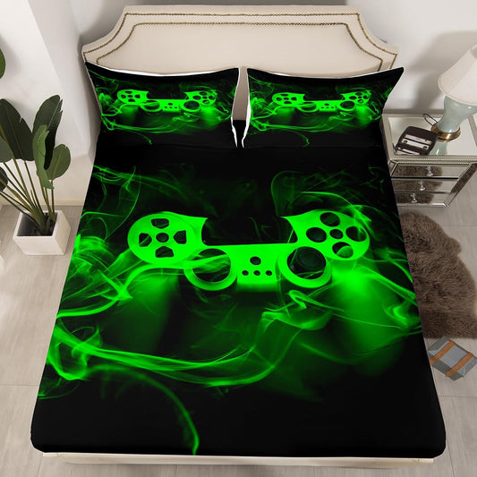 Gamer Fitted Sheet Set Twin Size for Boys Gaming Fitted Bed Sheets for Kids Boys Gamer Room Decor Black Green Smoky Gamepad Games Deep Pocket Trippy Geometric No Top Flat Sheet with 1 Pillow Case