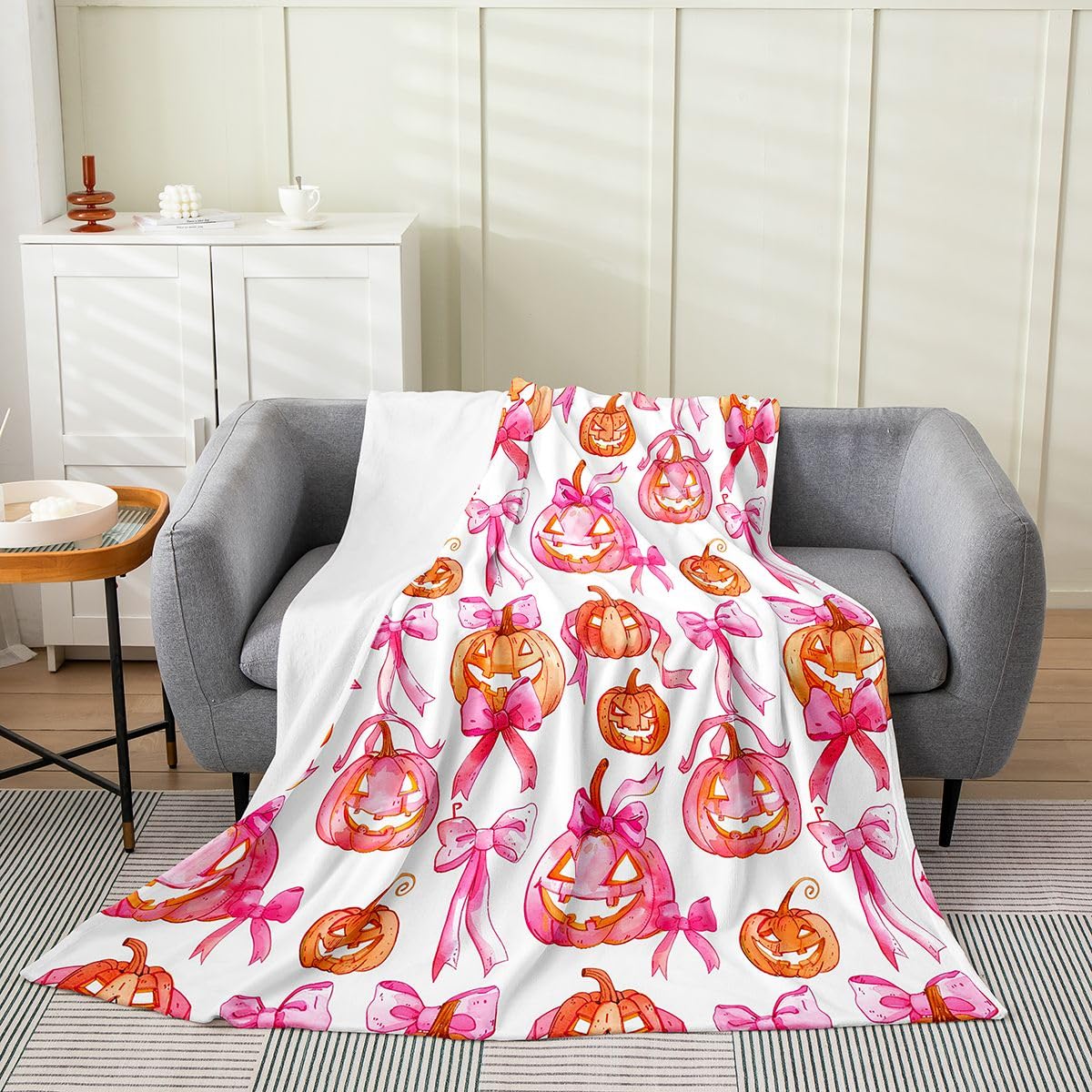 Feelyou Spooky Pumpkin Flannel Fleece Throw Blanket Halloween Themed 40"x50" Bowknot Fleece Throw Blanket for Kids Women Men Spooky Pumpkin for Bed Couch Chair Living Room Bedroom Decor