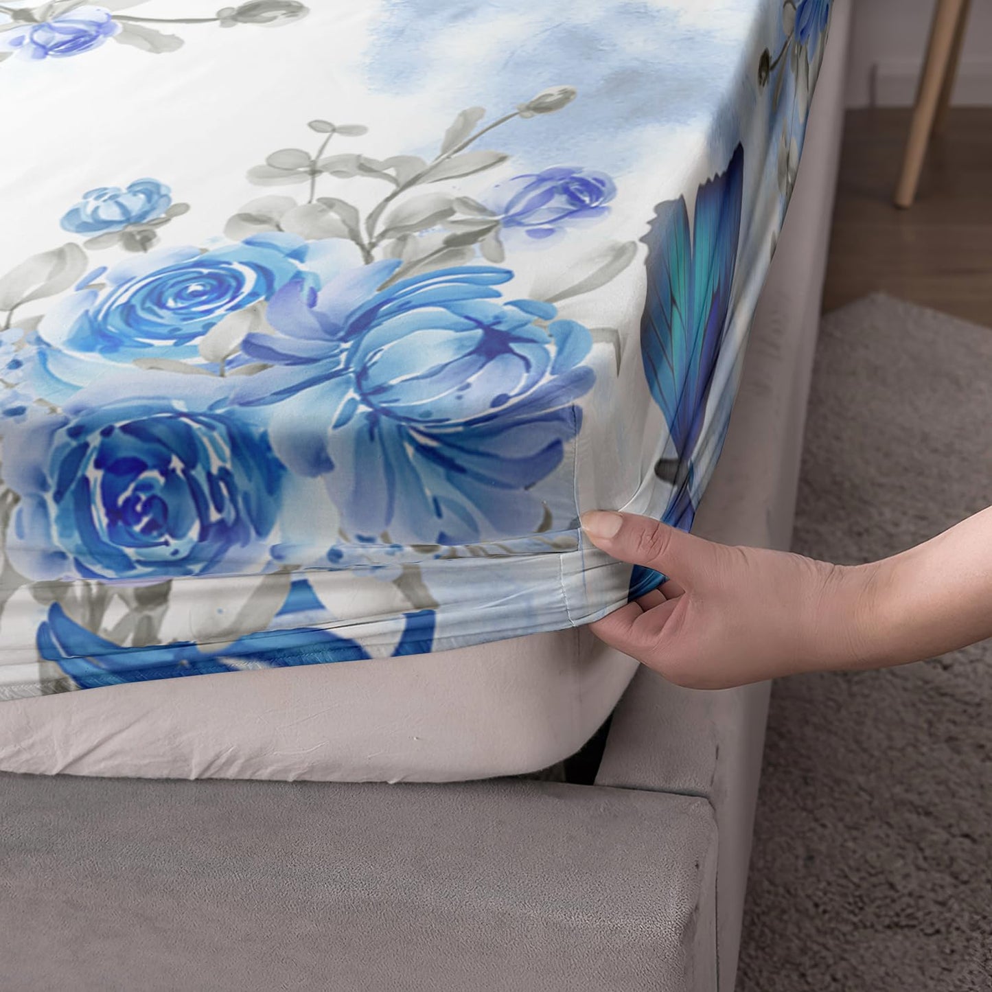 AILONEN Blue Butterfly Fitted Sheet Set for Girls, Twin Size Tie Dye Floral Butterfly Bed Sheet Set,Soft Microfiber Kids Women 3-Piece Breathable Fitted Sheet with 2 Pillowcases