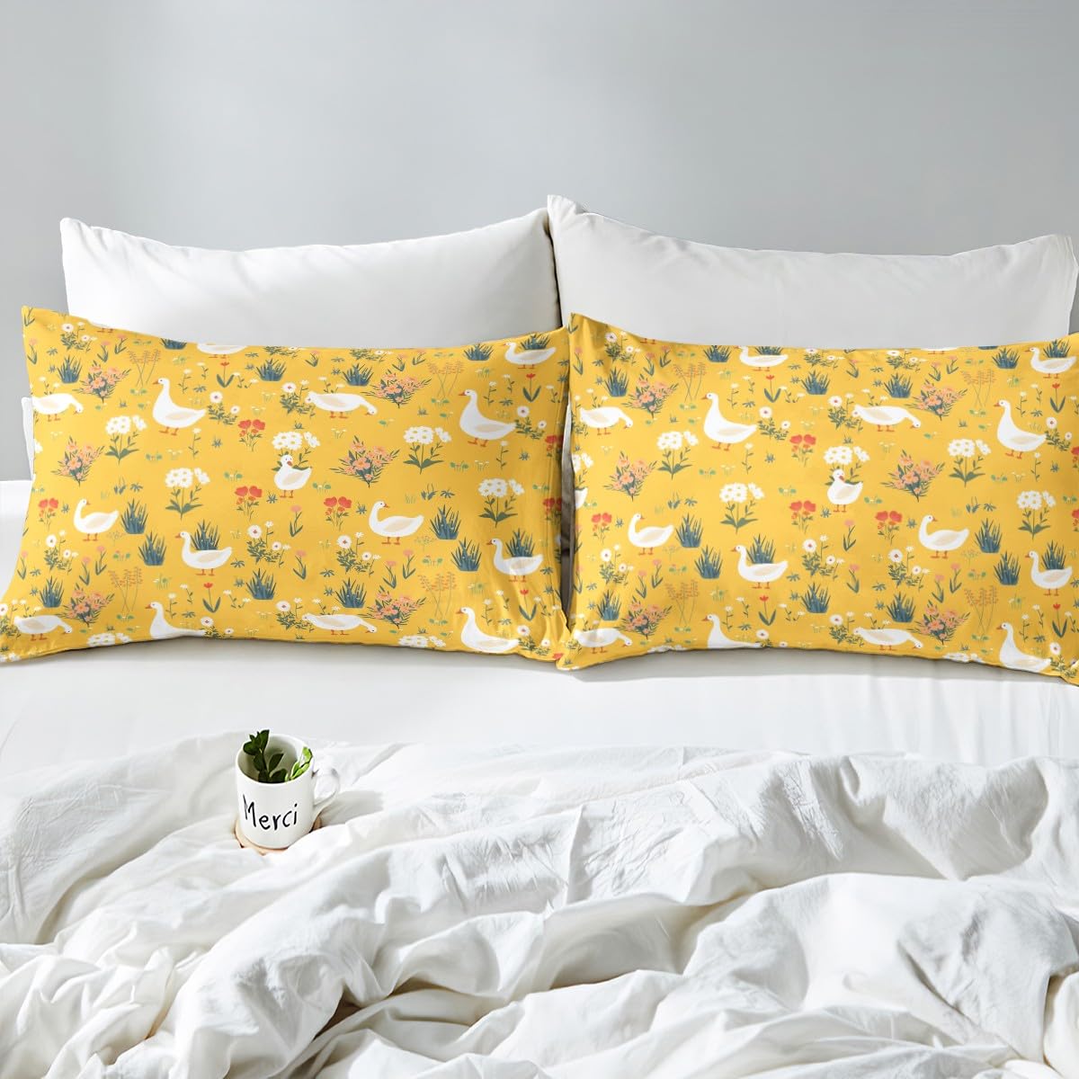 Erosebridal Wildlife Flowers Sheet Set Full,Rustic Goose Duck Bed Sheets for Kids Boys Girls,Garden Leaves Plants Bedding Set,Farm Animal Fitted Sheet + Top Sheet + 2 Pillowcases Wrinkle Free