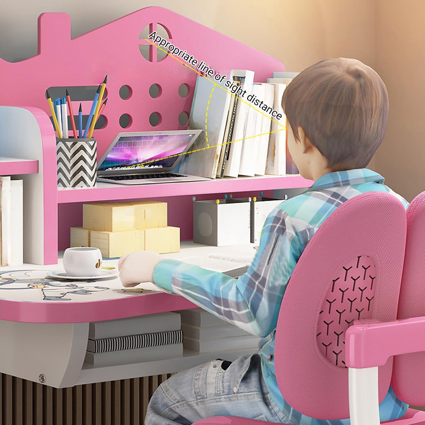 ZTGD Kids Adjustable Study Desk & Chair Set w/Storage,Drawers,Bookshelf,Child Toddler Writing Homework Table,Little Girl Work Computer Desk,Princess Preschool Table (Pink B)