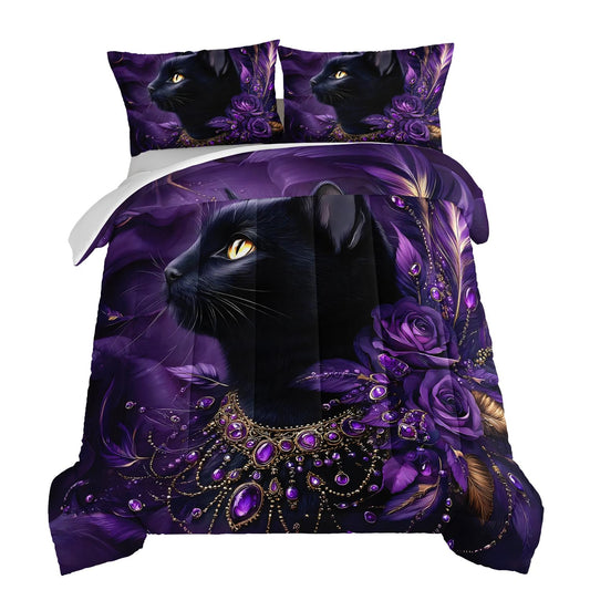 HOSIMA Cat Twin Size Comforter,Black Cat Wearing Diamond Necklace Print Animal Bedding for Women Girls Room Decor,Flowers and Feather Pattern Aesthetic Comforter with 2 Pillowcases.