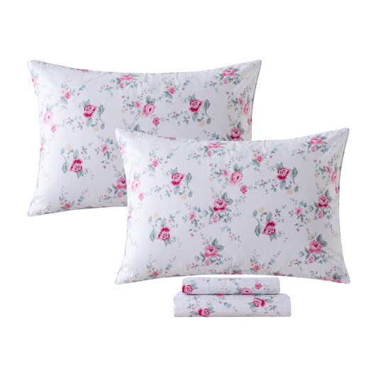 FADFAY Rose Sheets Set King Pink Floral Bedding Rustic Botanical Flower Bed Sheet Set Vintage Farmhouse Bedding 100% Cotton Soft Breathable Collection with Deep Pocket Fitted Sheet 4Pcs, King Size