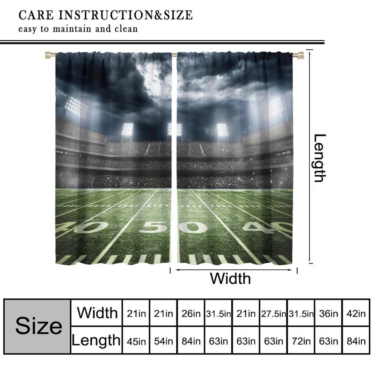 AAVEUP Boys Football Curtains,Sports American Sports Rugby Green Football Field Stadium Windows Treatments Rod Pocket Drapes for Kids Boys Teenager's Bedroom Living Room 42x45in（No Blackout）
