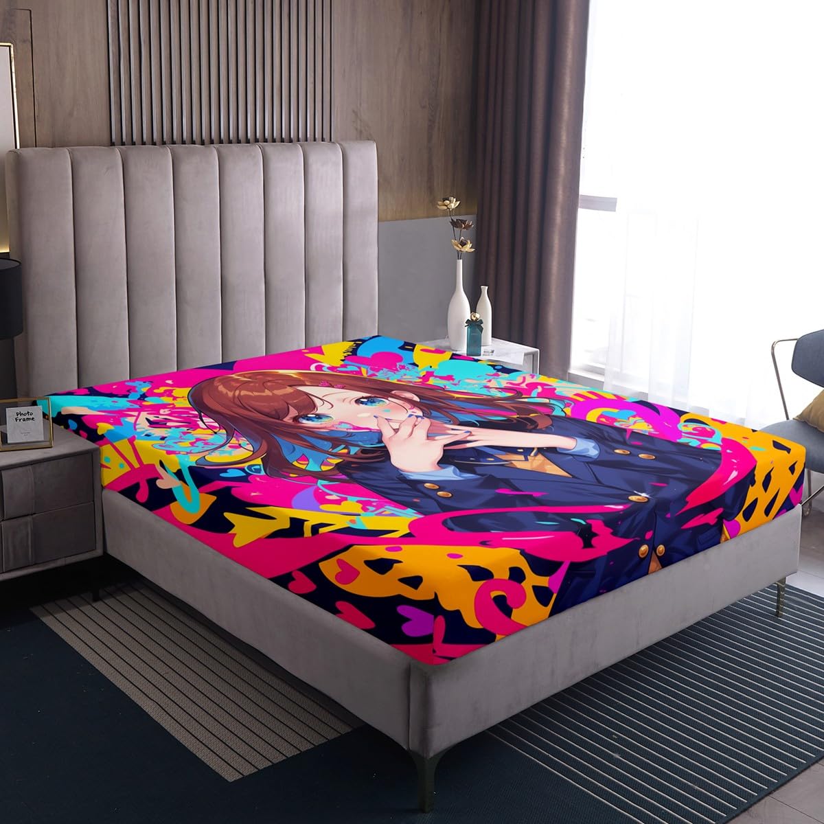 Erosebridal Anime Girl Twin Bed Sheets, Japanese Anime Bedding Set 2 Piece for Kids Girls Teens Adult Bedroom Decor, Cartoon Girl Fitted Sheet Kawaii Japanese Animation Sheets
