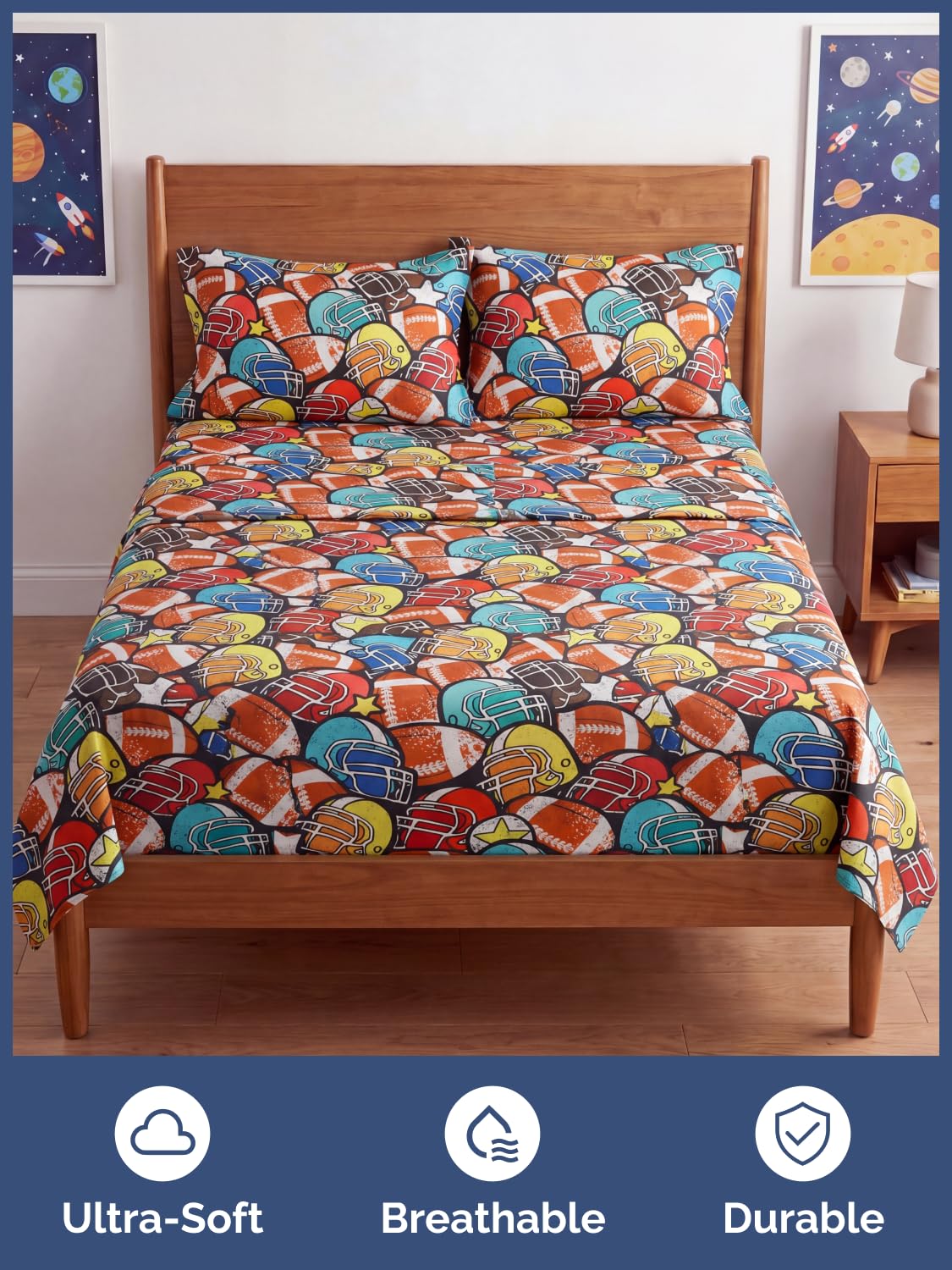 CGK Unlimited Kids All Star Helmets Queen 4 Piece Sheet Set - Boys, Girls, Teens, Toddler - Easy Fit Deep Pockets - Soft, Cooling & Breathable Sheets - Cozy, Fade and Wrinkle Free - Machine Washable