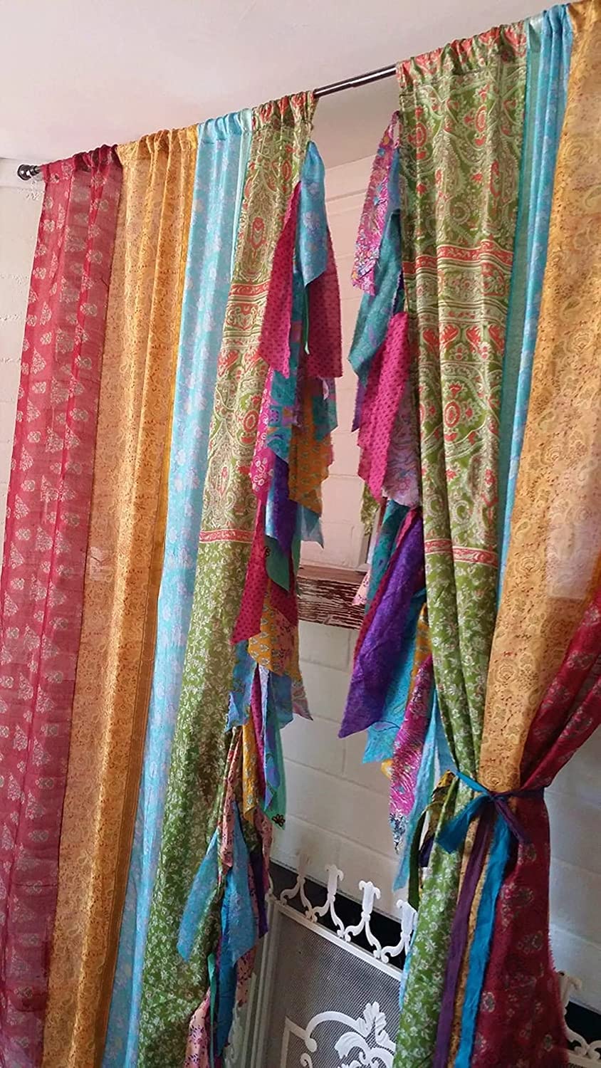 EthinicCraftHub® 2 PCS Indian Silk Saree Curtain Window Treatments Boho Gypsy Hippy Bohemian Wall Hanging Hippy Room Decor Curtain