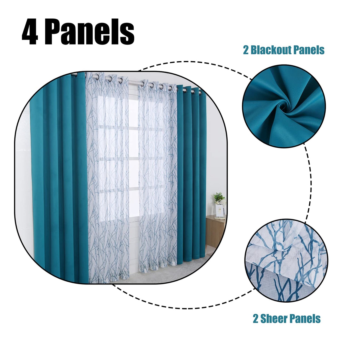 BONZER Mix and Match Curtains - 2 Pieces Branch Print Sheer Curtains and 2 Pieces Blackout Curtains for Bedroom Living Room Grommet Window Drapes, 54x95 Inch/Panel, Teal, Set of 4 Panels