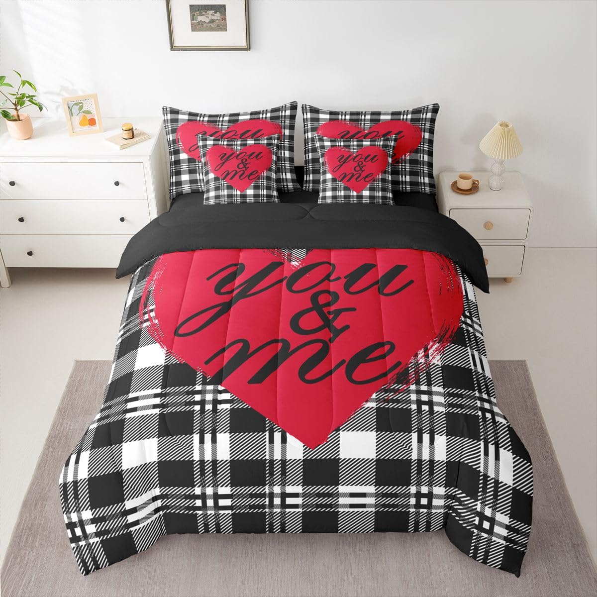 You and Me Bed in a Bag Queen Comforter Set 7-Piece | Valentines Day Decorations Bedding Sets Black and White Grid Comforter and Sheet Set, Geometric Checkerboard Lattice Buffalo Plaid Room Decor
