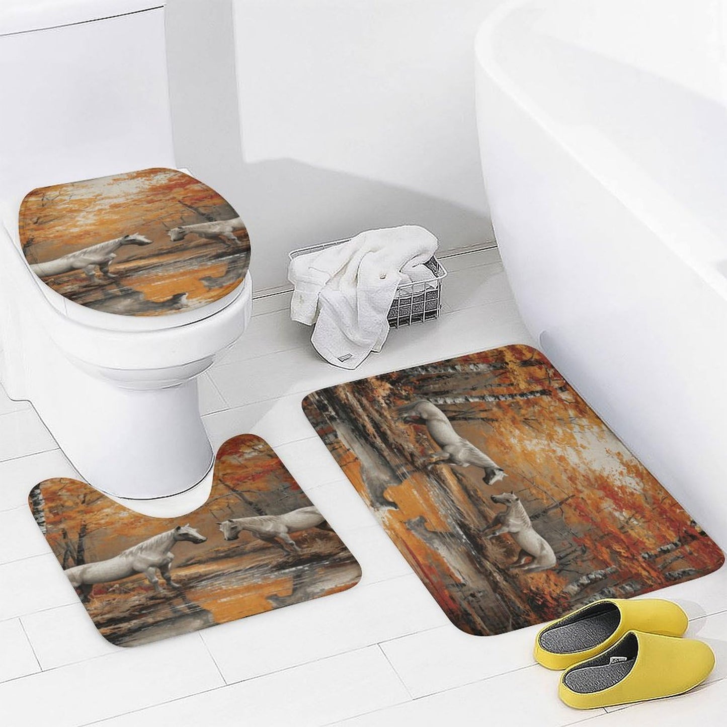 FOCCAFB Abstract Forest Horse Shower Curtain Sets with Non-Slip Rug, Toilet Lid Cover and Bath Mat, Nature River White Animal Shower Curtain Sets with 12 Hooks, Shower Curtain for Bathroom Set Decor